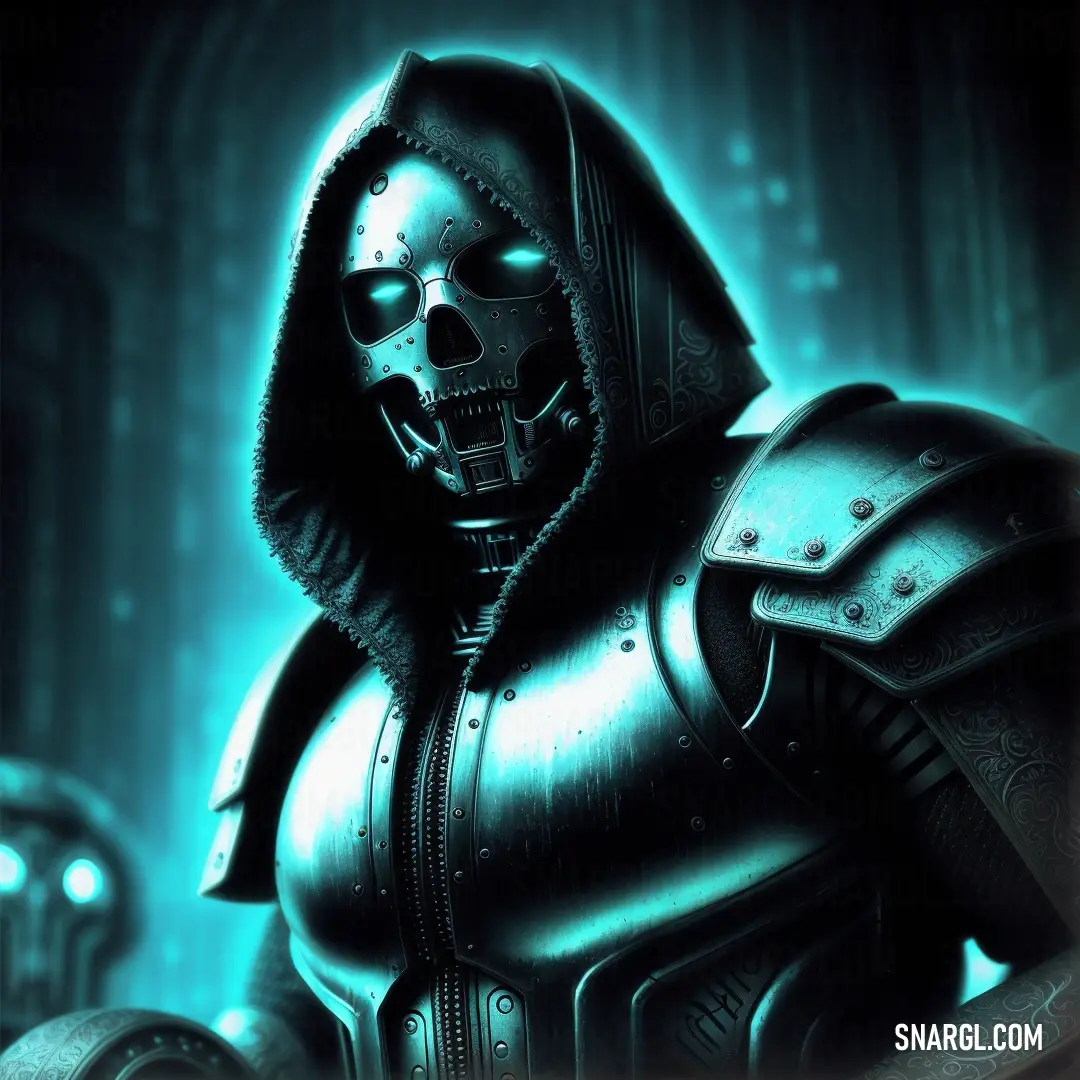 Electric blue color example: Skeleton in a hooded suit with a hood on and a helmet on