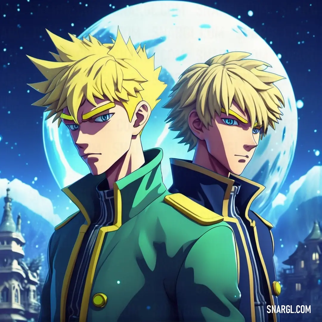 Two anime characters standing in front of a full moon and a castle. Example of CMYK 51,2,0,0 color.