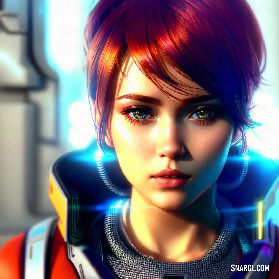 A confident woman with striking red hair wears a futuristic outfit, her intense gaze fixed directly at the camera. Her serious expression adds a sense of mystery, with vibrant, vivid hues bringing the scene to life.