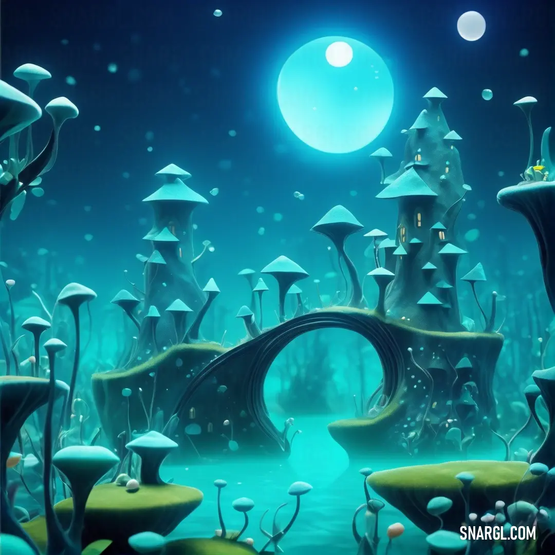 Fantasy scene with a bridge and a lot of mushrooms and plants in the water and a full moon. Example of #7DF9FF color.