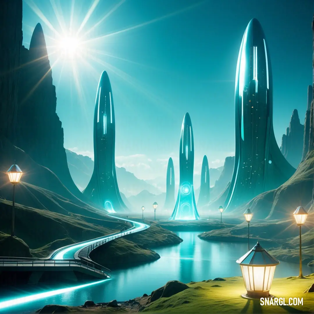 Futuristic landscape with a river and a bridge at night with bright lights on the ground and a bridge leading to a distant city
