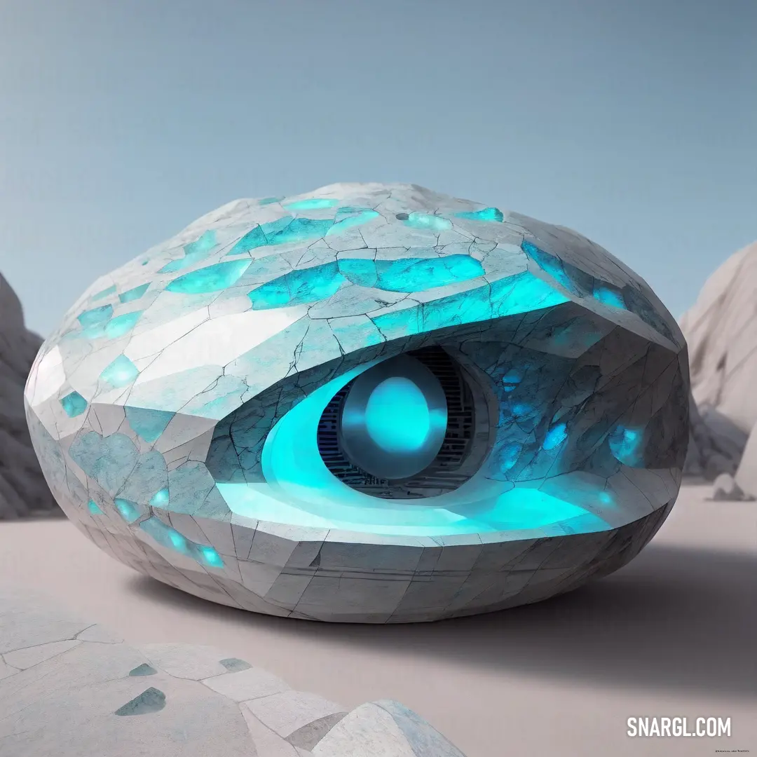 Futuristic looking object with a blue light in the center of it's eye and a rock in the background. Color CMYK 51,2,0,0.