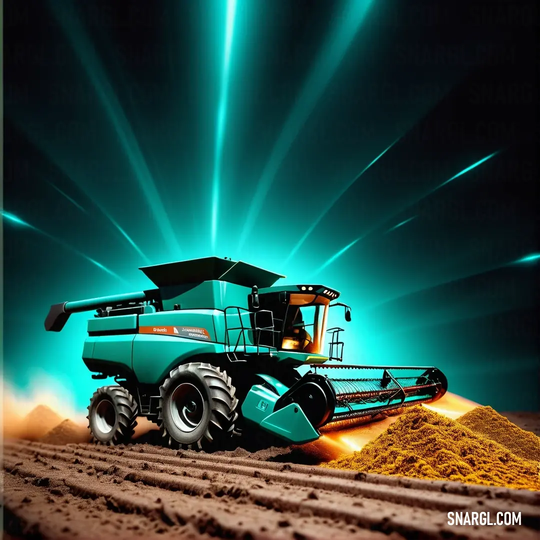Large green tractor is driving through a field of dirt and dirt with a bright blue sky behind it. Example of Electric blue color.