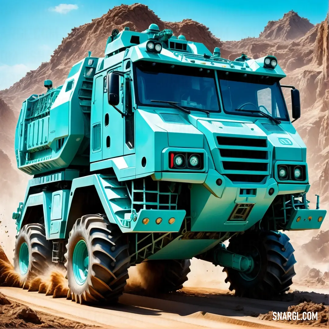 Large green truck driving through a desert landscape with mountains in the background. Color CMYK 51,2,0,0.
