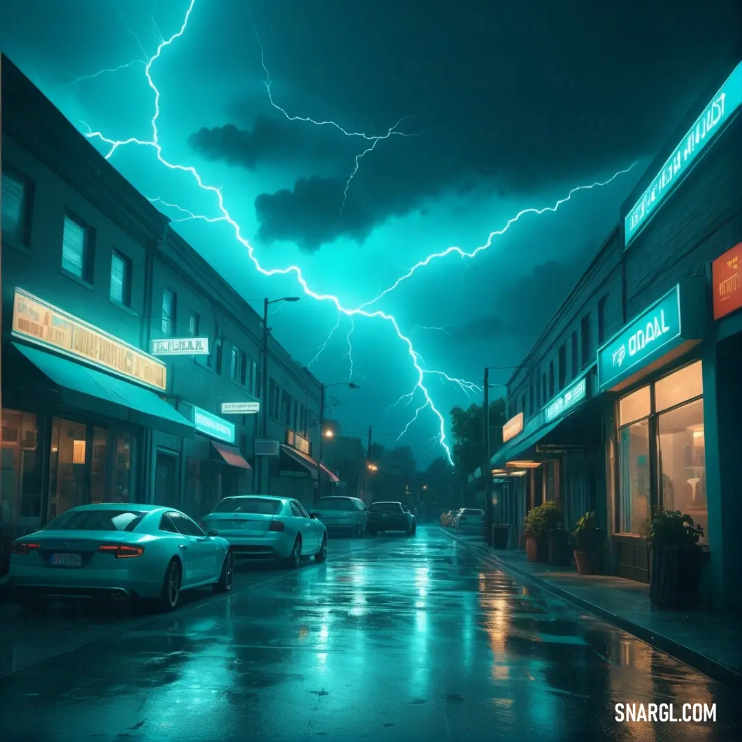 Lightning storm is seen over a city street at night time. Example of RGB 125,249,255 color.
