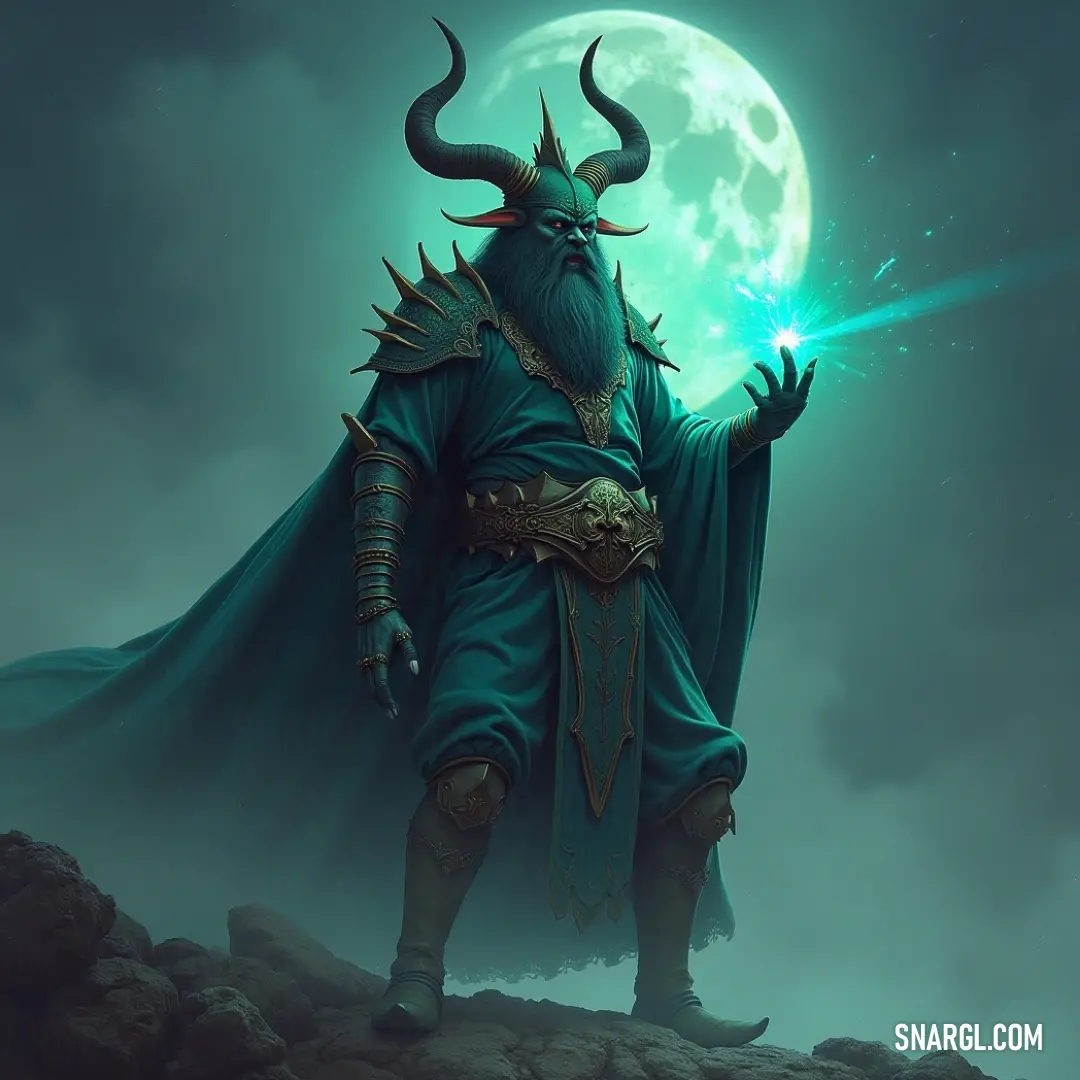 A powerful figure, with a horned head and a glowing orb in hand, stands atop a rock, his green cape billowing in the wind. The ethereal light of the orb contrasts with the cool, serene atmosphere surrounding him.