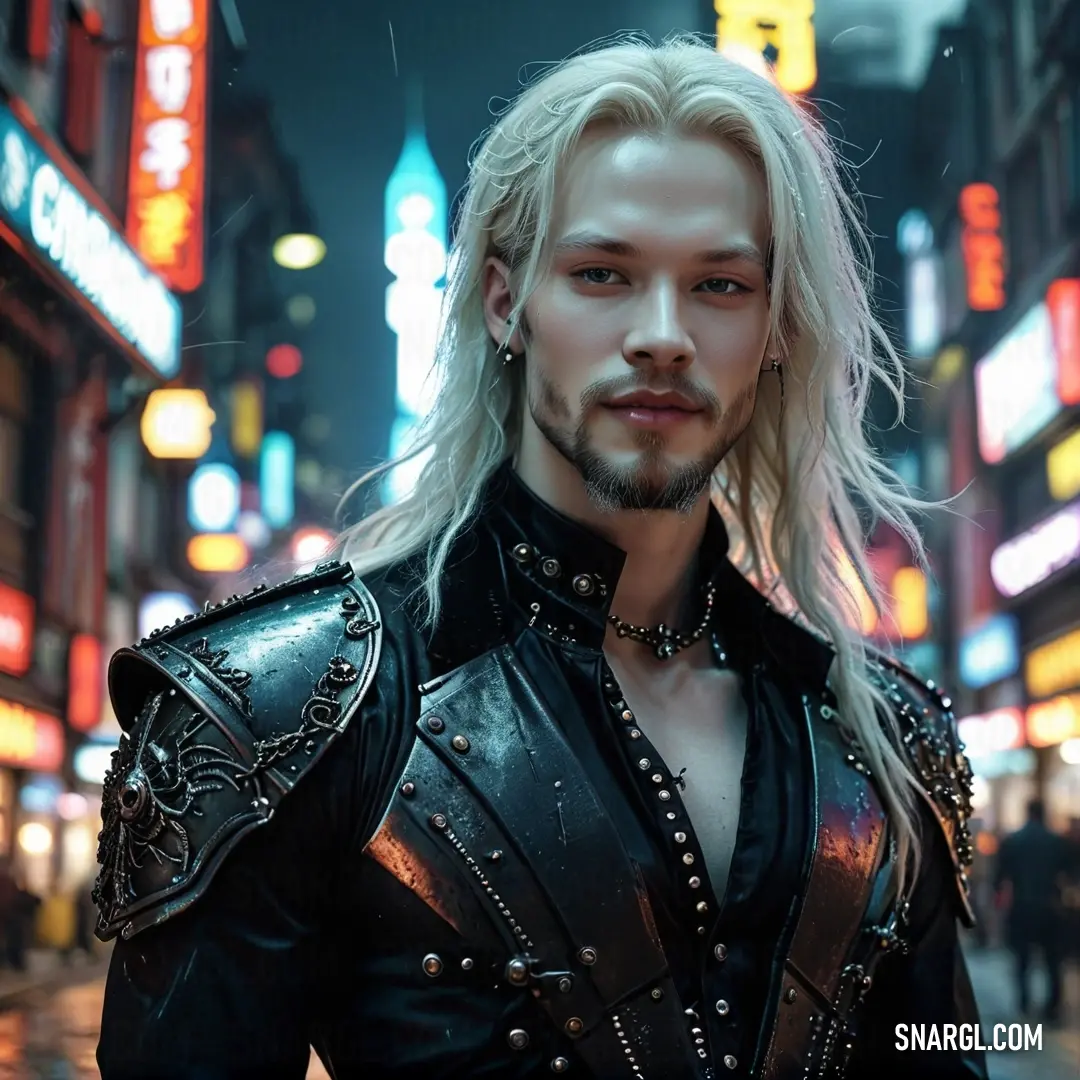 A man with long hair and a beard wears a rugged leather outfit, standing confidently in a neon-lit city at night. The electric blue of his attire contrasts sharply against the vibrant urban backdrop, giving the scene a futuristic vibe.