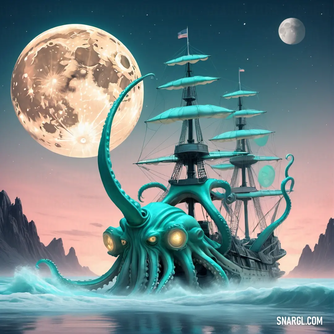Octopus is in the water near a ship with a full moon in the background