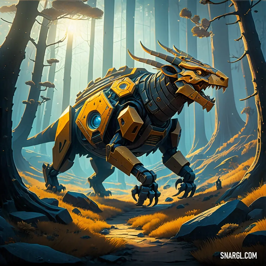 A playful robot dog navigates through a serene forest filled with towering trees and rugged rocks. Its sleek design contrasts beautifully against the lush greenery, highlighting the charm of nature's untouched beauty. Color RGB 125,249,255 adds a whimsica