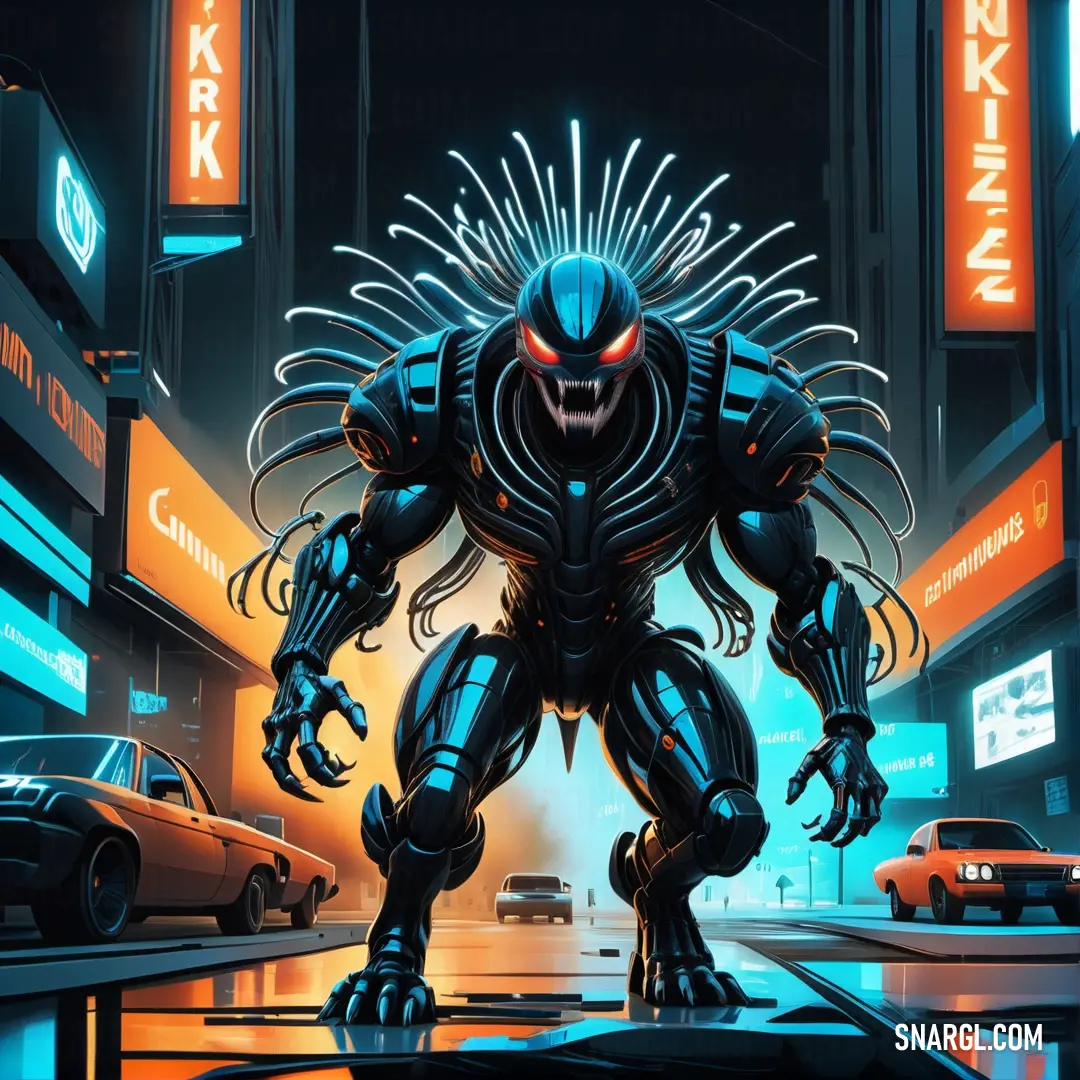 A futuristic robot towers over a bustling city street illuminated by vibrant neon lights under a starry sky, evoking a sense of wonder and adventure. The cool color palette of #7DF9FF enhances the robot's metallic features.