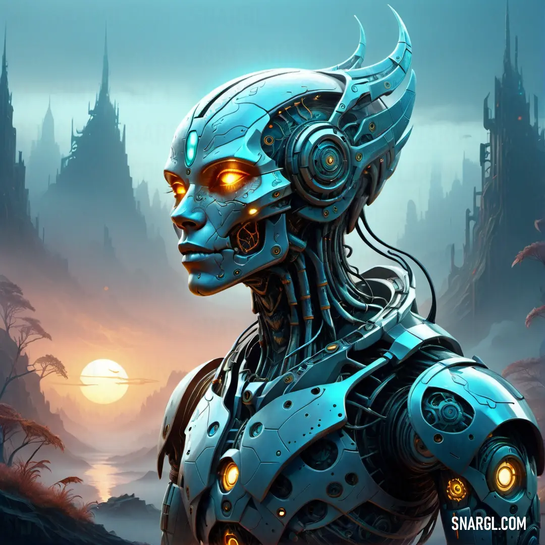 Robot with glowing eyes standing in front of a sunset and a castle with a clock tower in the background. Color #7DF9FF.