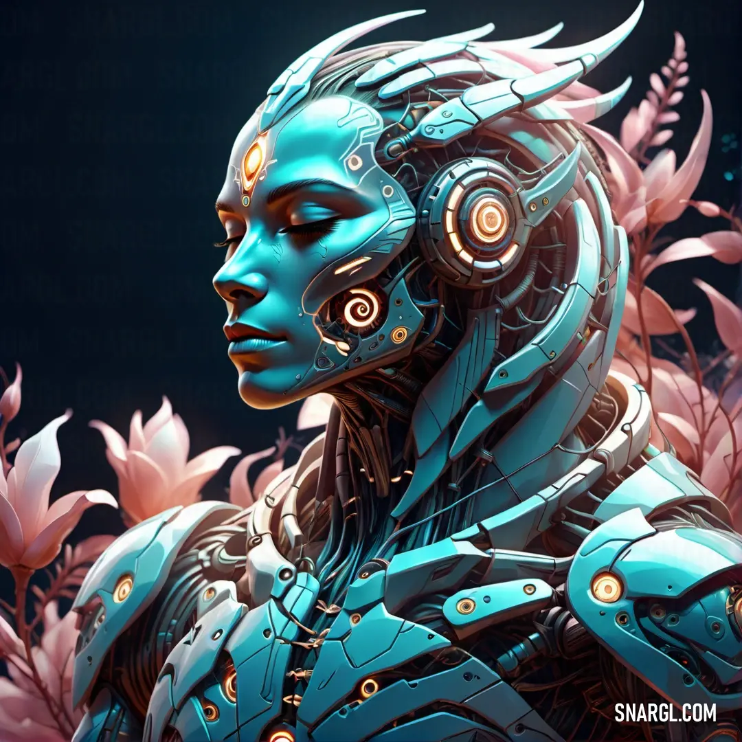 Robot woman with headphones on and flowers in the background. Example of CMYK 51,2,0,0 color.