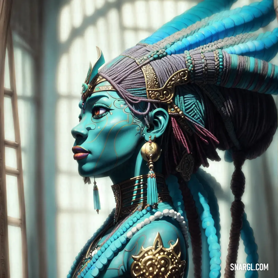 A beautiful statue of a woman with striking blue hair and golden jewelry, her face and body painted in blue and accented with shimmering gold. The sculpture captures a moment of grace and majesty, standing as a symbol of timeless beauty.