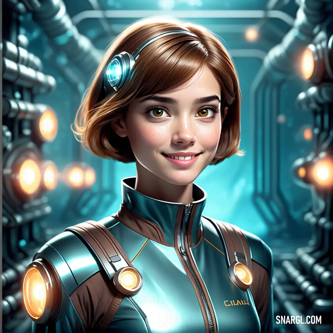 Woman in a sci - fi suit with headphones on her head and a sci - fi helmet on. Example of Electric blue color.