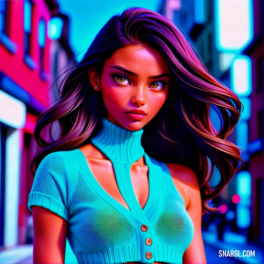 Woman with long hair standing in a city street wearing a blue shirt and jeans with a green button up. Example of #7DF9FF color.