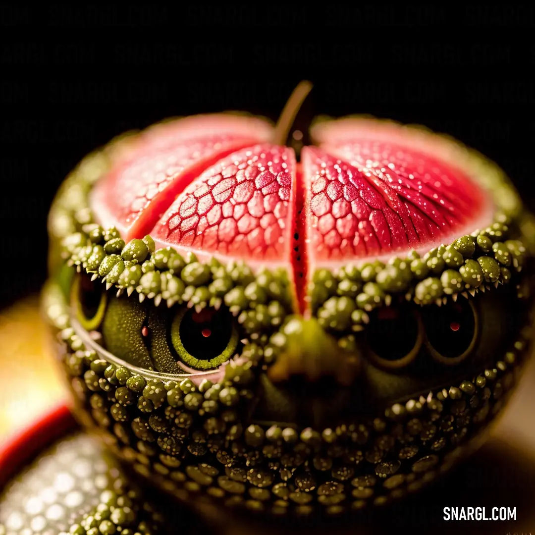 Close up of a fruit with a face made of fruit slices and vegetables on it's surface