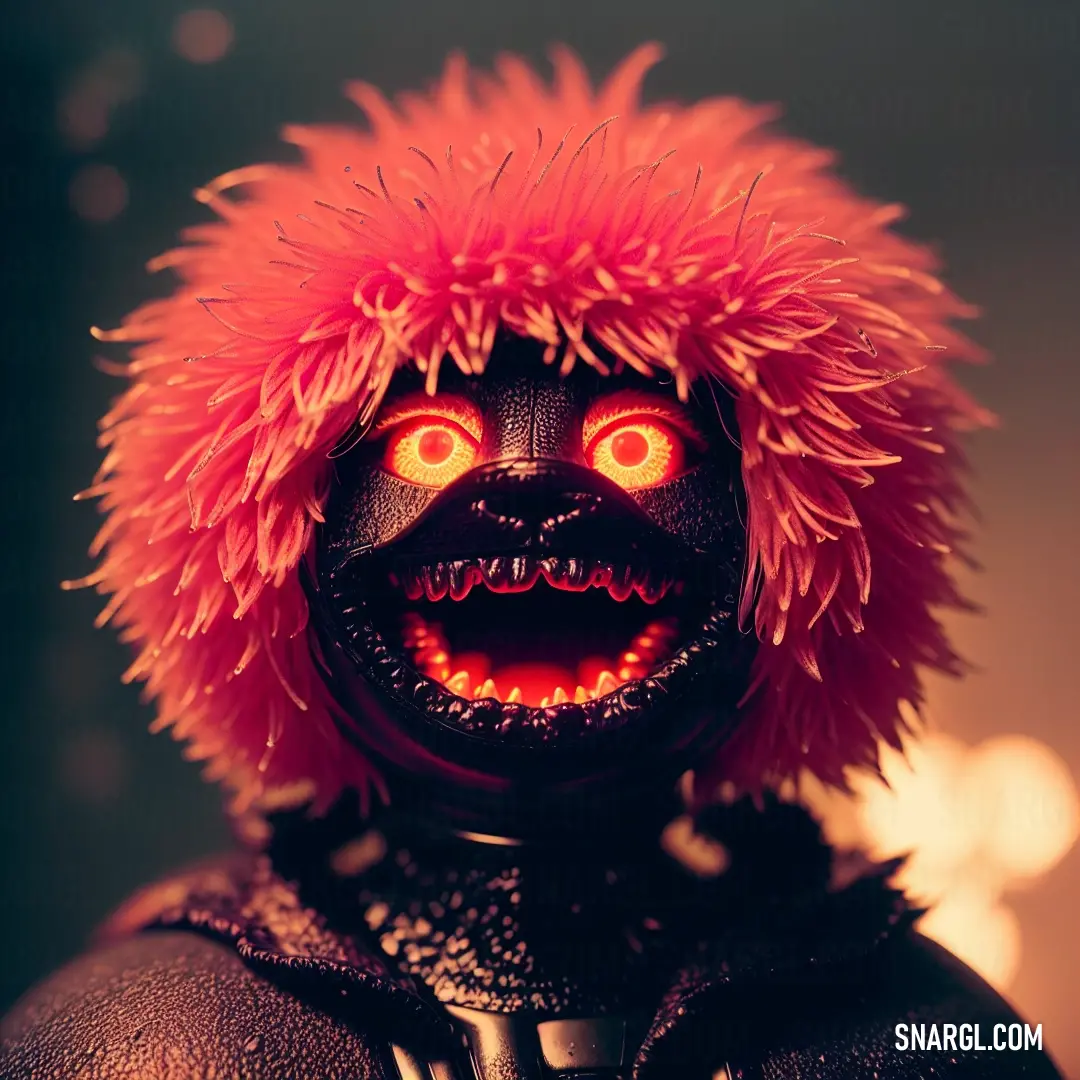 Creepy looking doll with a red mohawk and glowing eyes and a red wig on top of it's head