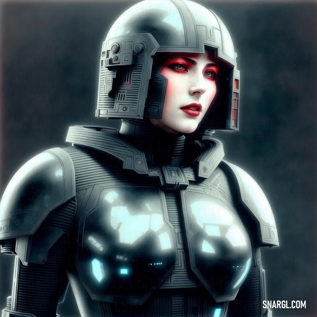 Woman in a futuristic suit with a helmet on her head and a red eye on her face