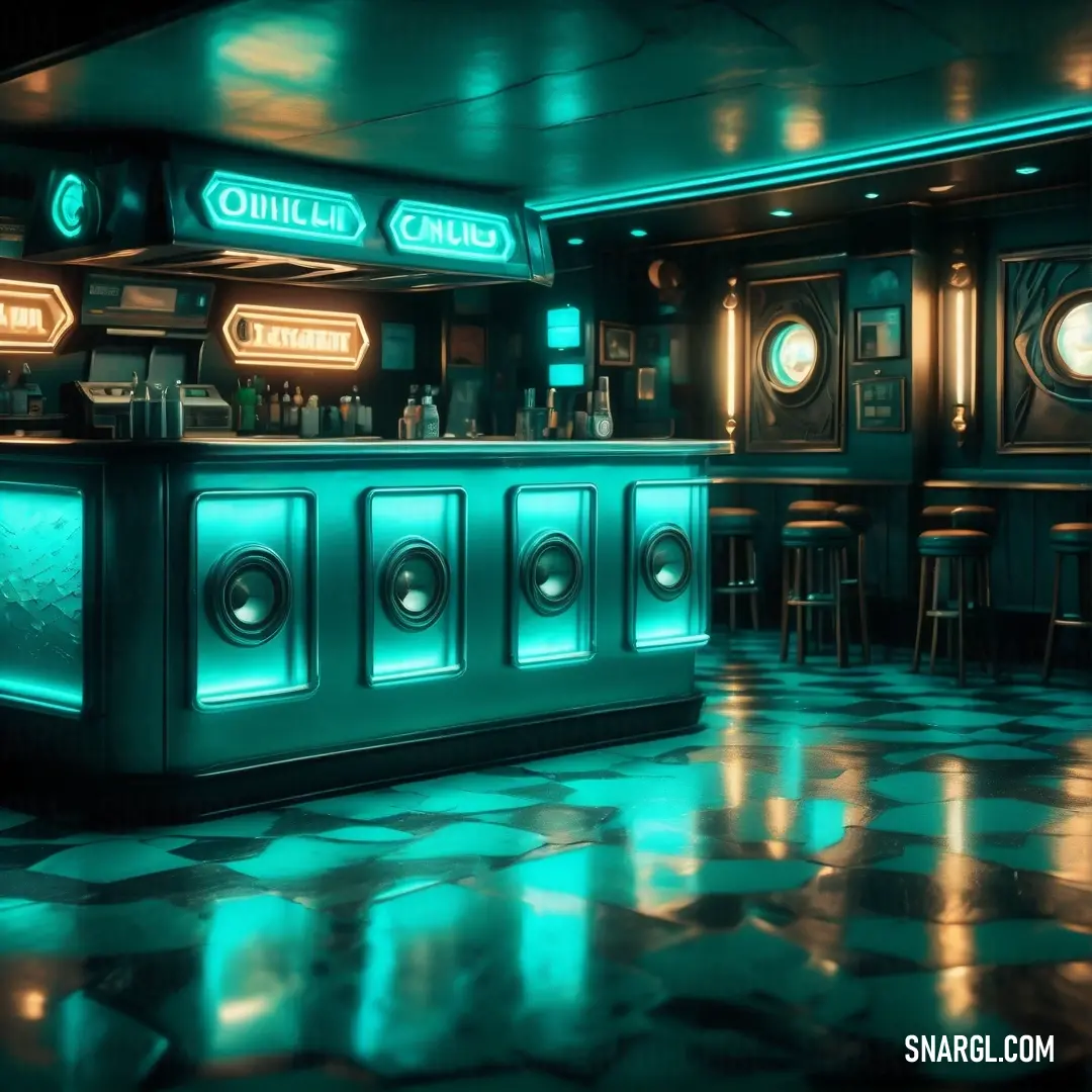 A lively bar with a checkered floor and neon green accents, including a glowing light in the corner and a clock on the wall. The electric cyan tones give the space a vibrant, retro-futuristic energy.