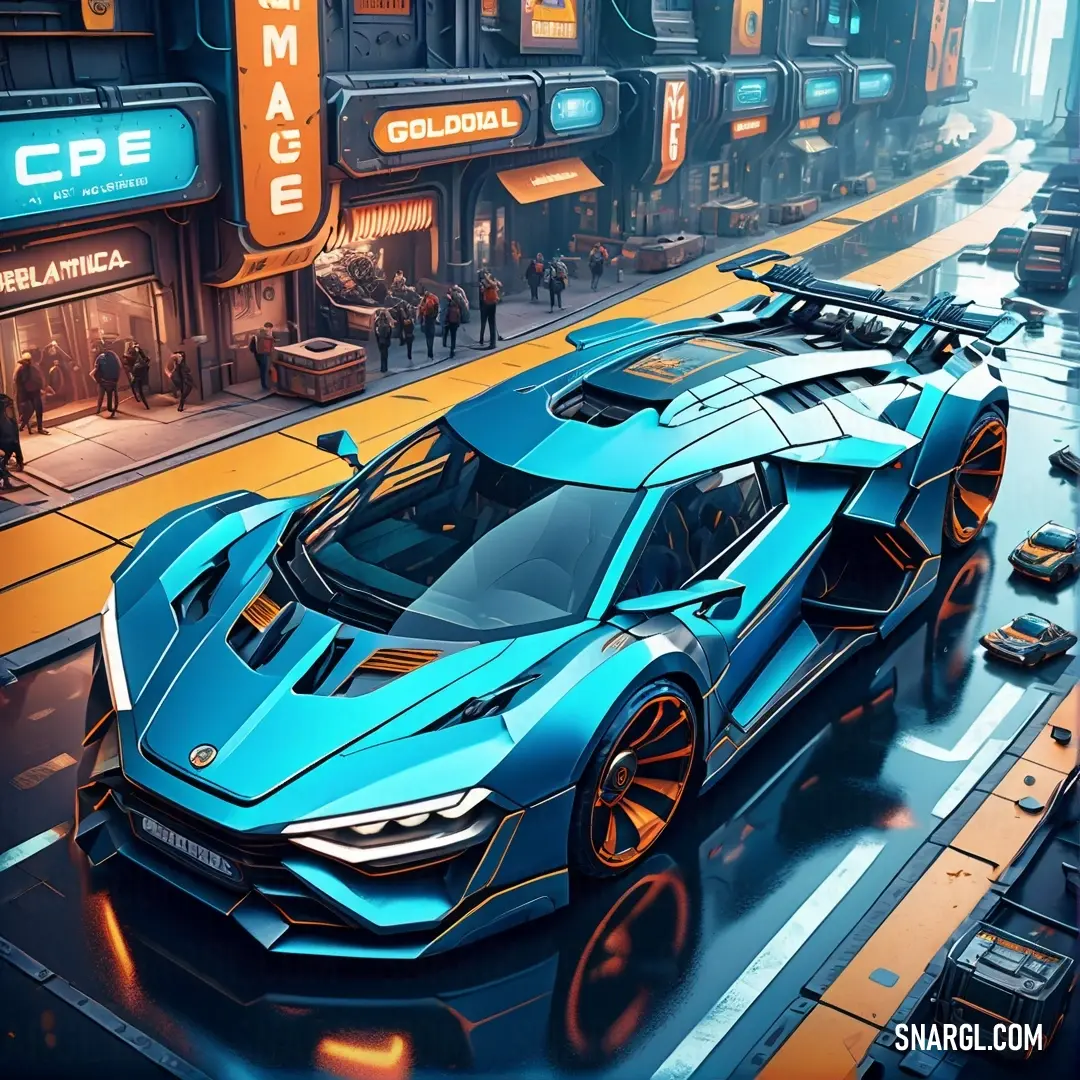 A sleek blue car speeds down a bustling city street, right next to a vibrant neon sign that illuminates the night with the words 