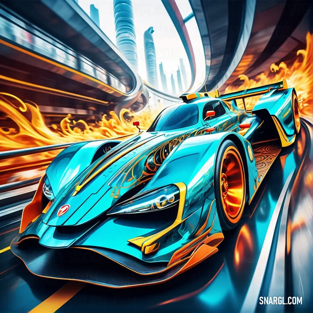 A fierce blue car hurtles through a dark tunnel, flames flickering at its sides as a dazzling cityscape unfolds beyond the opening. The dramatic scene evokes a thrilling escape, highlighted by speed and intensity.