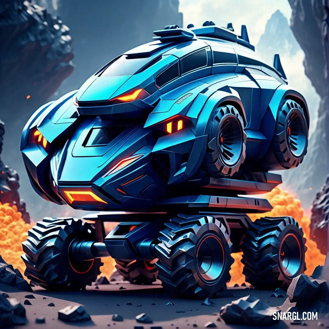 A daring blue car navigates through an otherworldly terrain filled with rocky landscapes and pools of molten lava. Its large tire appears ready to tackle the challenges of this striking environment, showcasing strength and resilience.