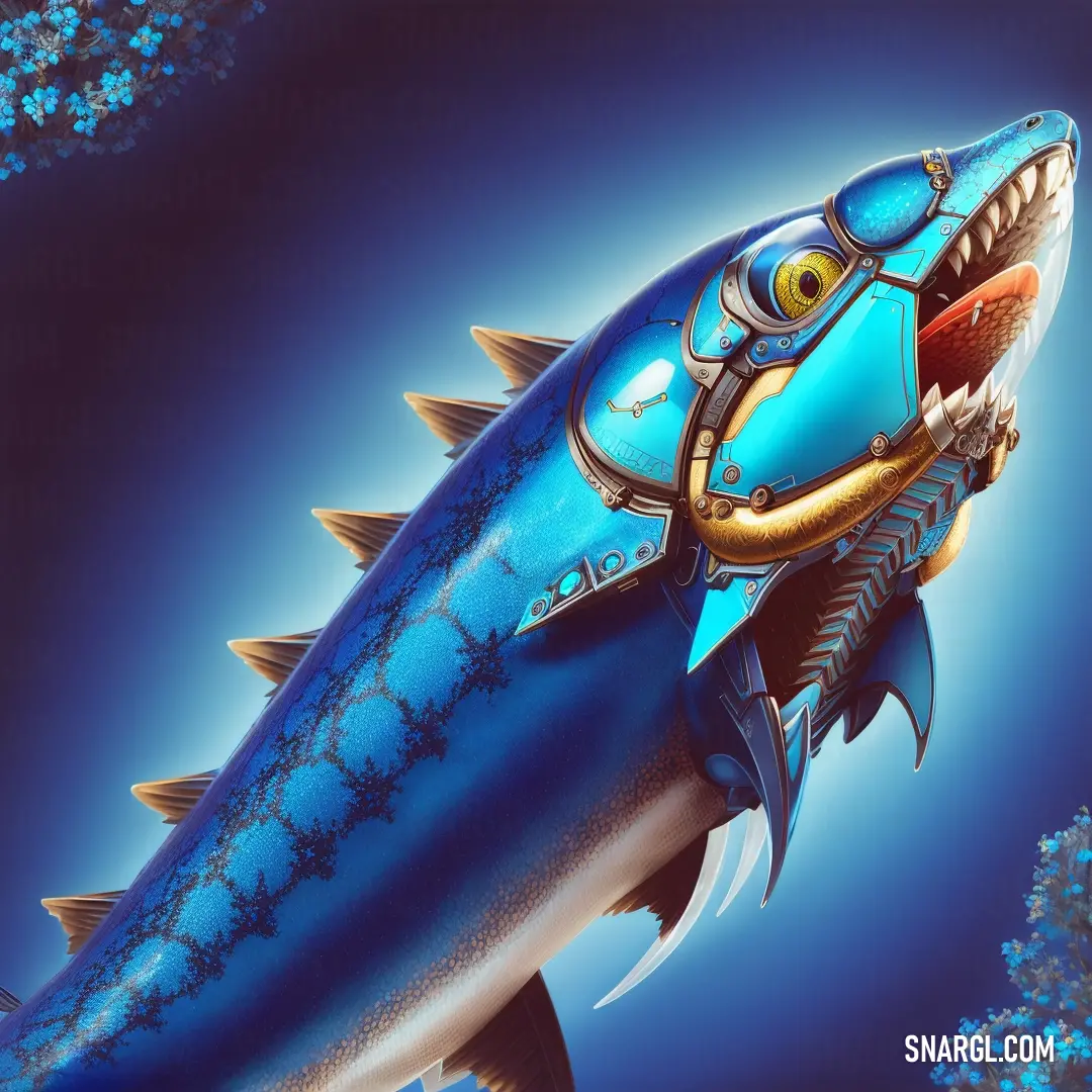 A vibrant blue fish with a shimmering gold ring on its mouth swims against a rich blue background. The fish’s striking colors in CMYK 100, 0, 0, 0, capture the essence of ocean life and beauty.