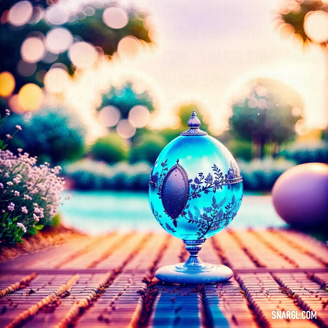 Dodger blue color example: Blue glass ball on top of a wooden floor next to a pool of water and trees in the background
