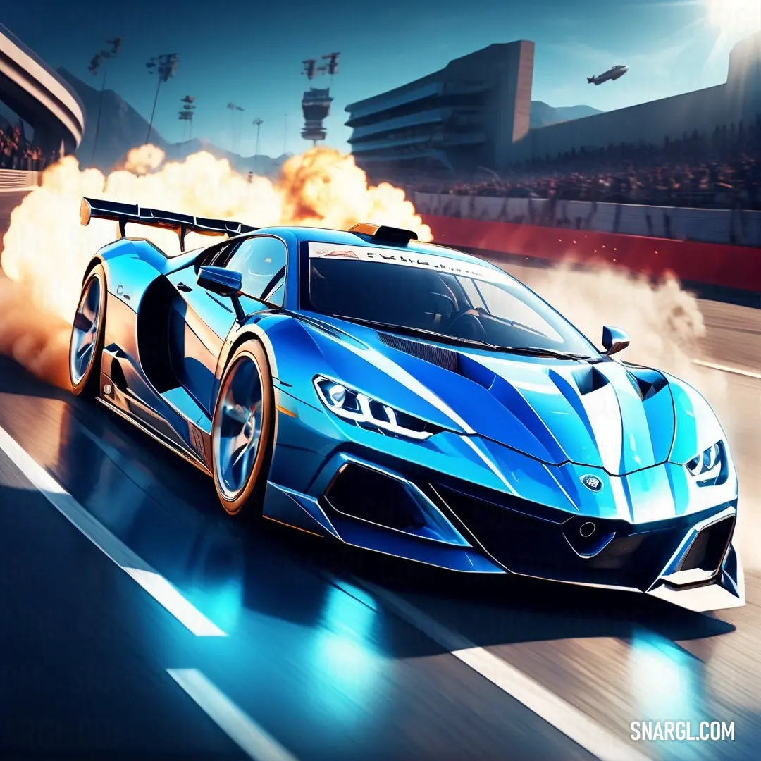 A fierce blue sports car dashes down a race track, belching out smoke as it accelerates under the watchful gaze of a jet soaring overhead. This dynamic image is filled with speed, power, and a sense of adventure.