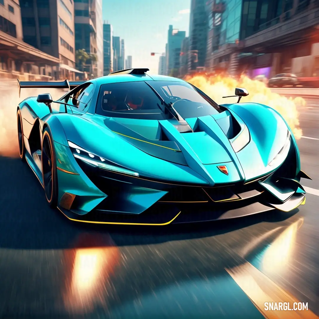 A sleek blue sports car zooms down a bustling city street, roaring with power as flames erupt from its rear tires and front wheels, creating a dramatic scene against the urban landscape. The vivid color #00FFFF adds to the car's eye-catching design, captu