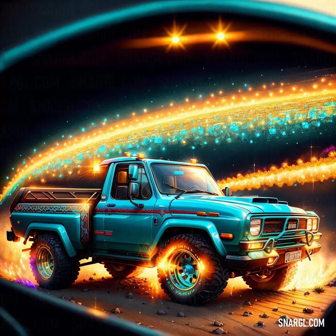 Blue truck with a bright light on it's side driving through a tunnel of rocks and rocks. Example of RGB 0,95,144 color.
