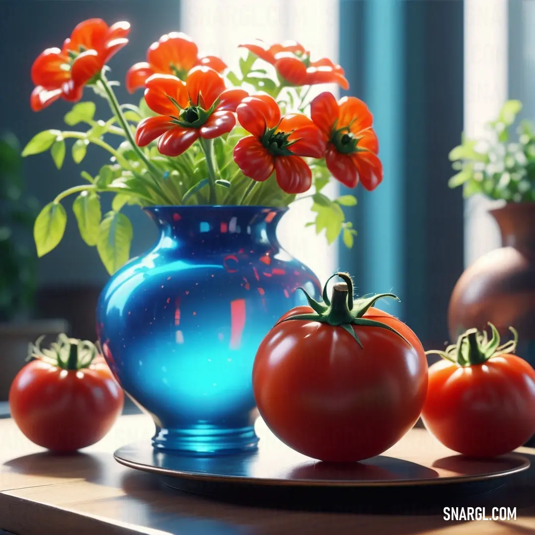 A striking blue vase filled with vibrant red flowers sits elegantly on a table, accompanied by colorful tomatoes and various other floral arrangements. The composition creates a delightful feast for the eyes, exuding warmth and charm.