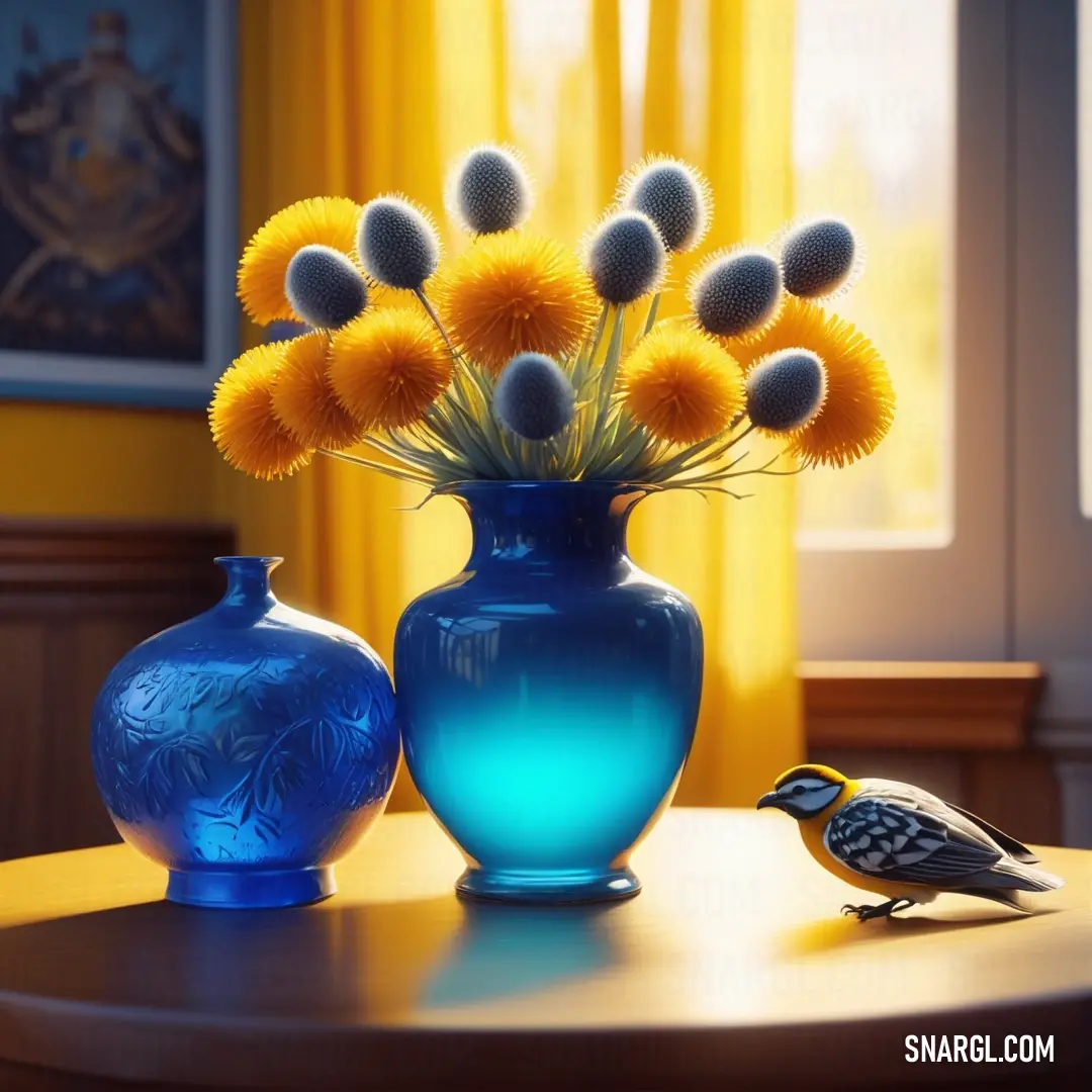 A serene blue vase showcases a burst of cheerful yellow flowers, accompanied by a charming bird perched nearby. Displayed in front of a sunny window, this arrangement creates a feeling of joy and warmth within the room.