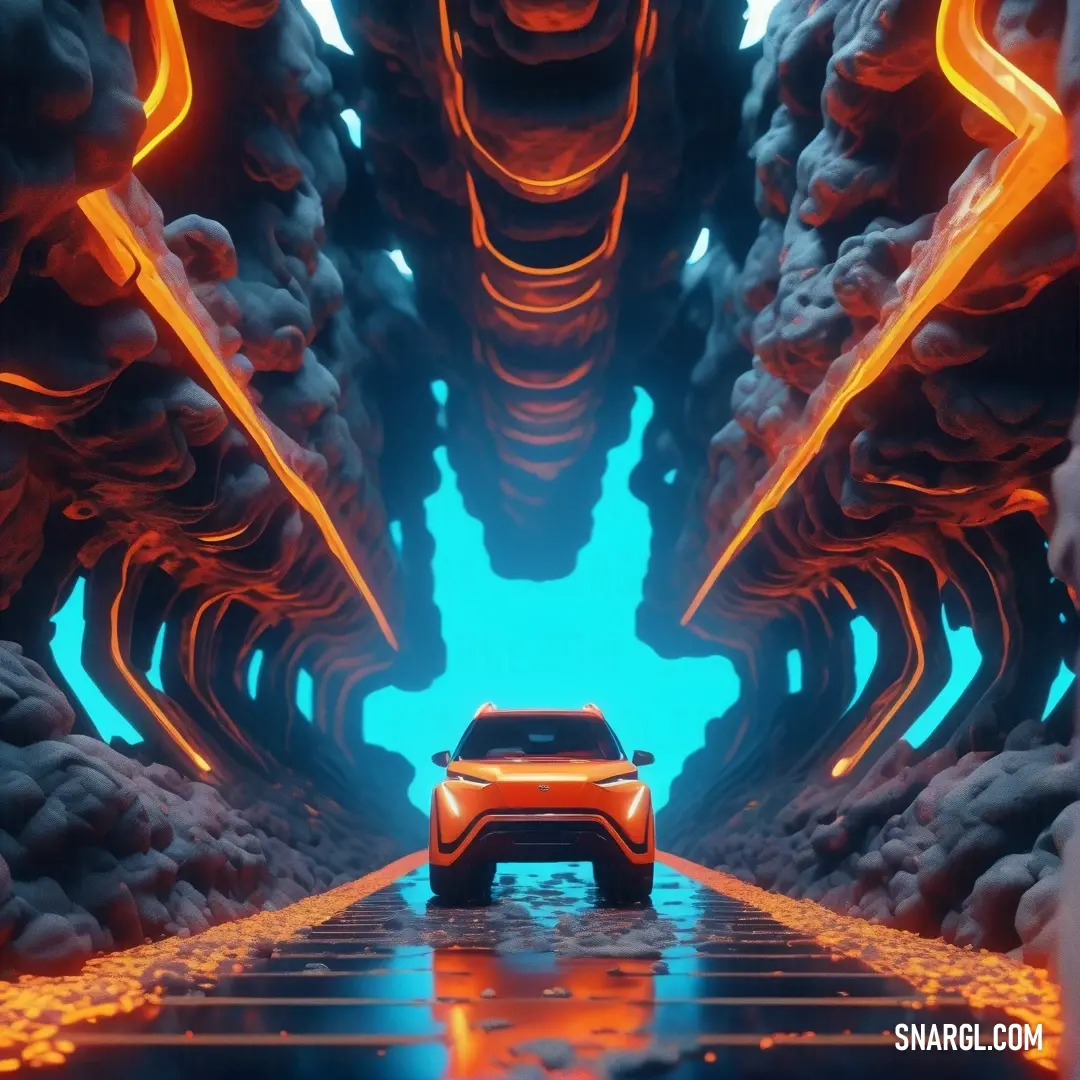 A sleek electric cyan car speeds through a fiery tunnel filled with molten lava and jagged rocks, contrasting vividly against a brilliant blue sky above, creating a striking surreal landscape.