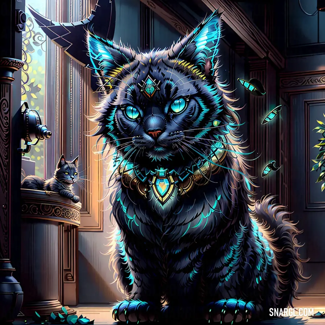 A curious cat with piercing blue eyes lounges on a floor beside a mirror. The reflection captures the timepiece adorning the door, creating a surreal atmosphere as time seems to stand still in this quiet moment.