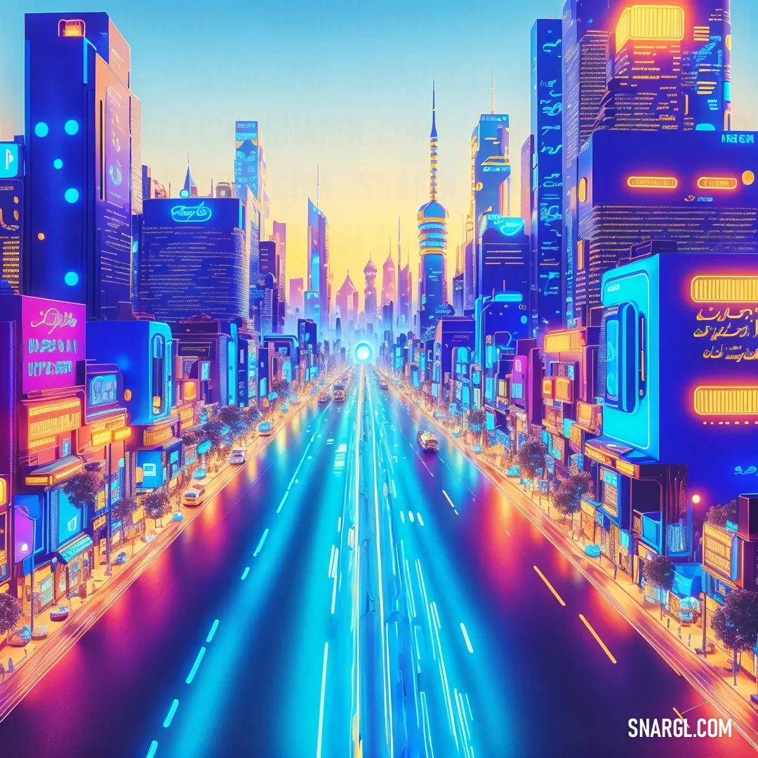 A bustling city street at night, filled with bright traffic lights and illuminated buildings. The electric cyan glow of the lights reflects off the streets, creating an energetic and dynamic urban scene.