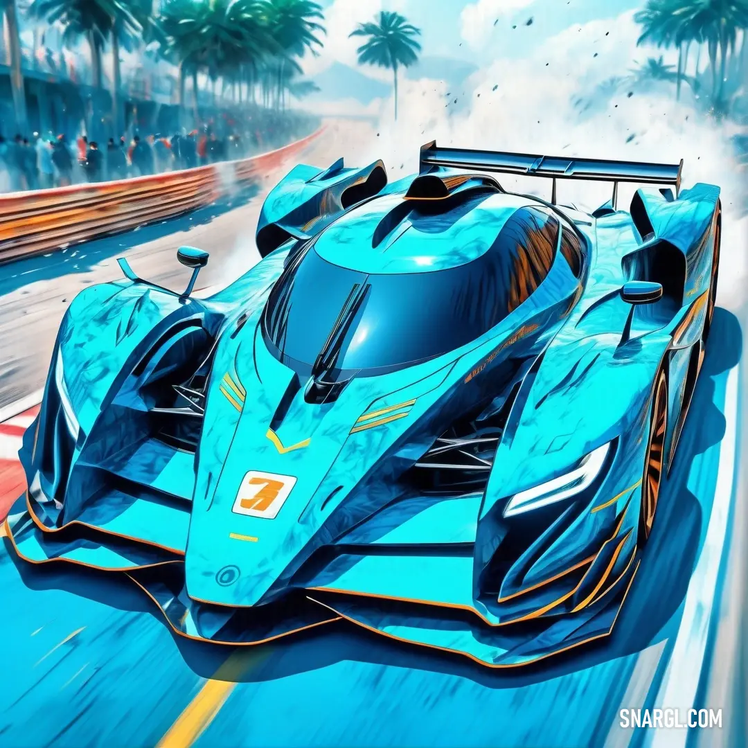 A sleek blue race car speeds along a scenic racetrack, with palm trees swaying gently in the backdrop. Its vibrant color and streamlined design promise exhilarating speed and performance.