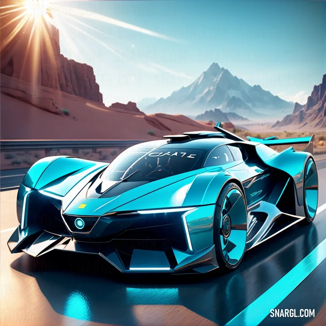 In a breathtaking desert setting, a blue sports car navigates winding roads with majestic mountains rising in the background. The interplay of hot desert colors and the cool hue of RGB 0,255,255 creates a stunning contrast that evokes a sense of freedom a