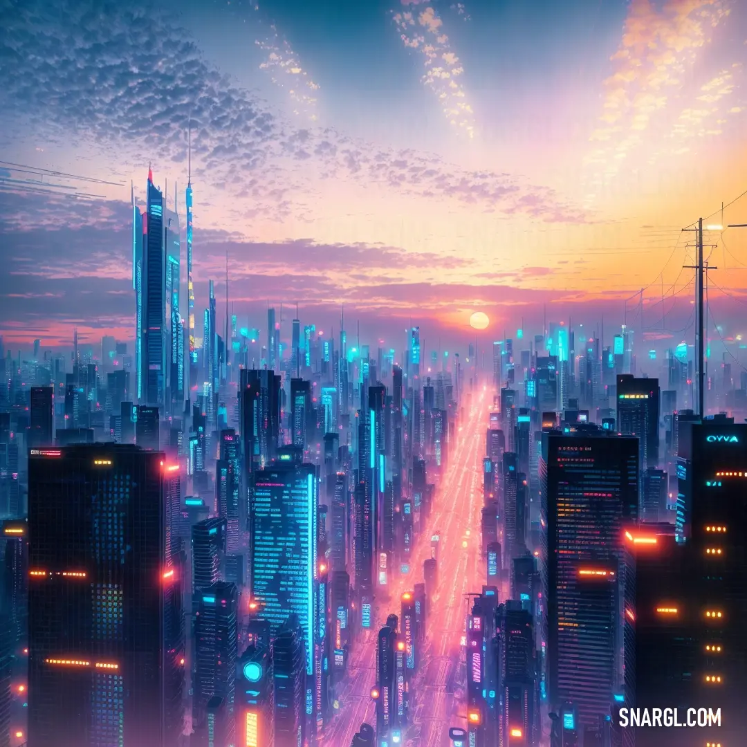 A vibrant city skyline at night, with towering buildings lining the streets. The sky above is a beautiful mix of bright blue and pink hues, casting a magical glow over the urban landscape.