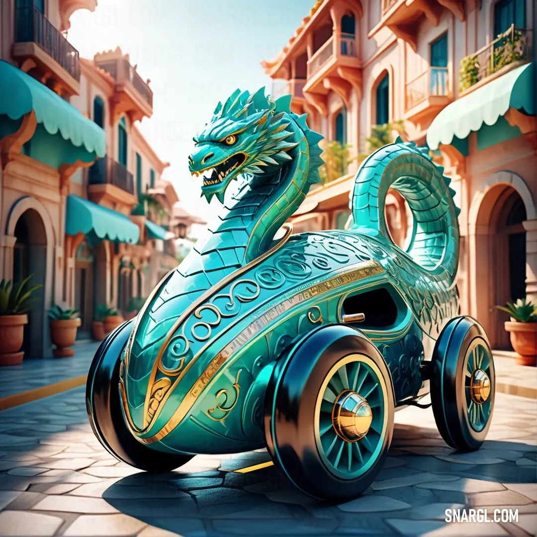 A vibrant green dragon-shaped vehicle navigates the cobblestone streets of a historic European city, flanked by charming buildings and a green awning. The electric cyan color vibrantly contrasts with the old architecture, creating a surreal yet exciting s