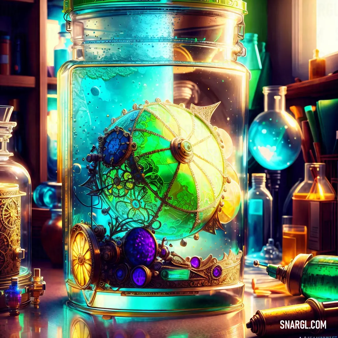 A jar filled with an assortment of items sits on a table next to a pipe and a bottle of liquid, surrounded by a striking electric cyan glow that illuminates the scene with vibrant energy.