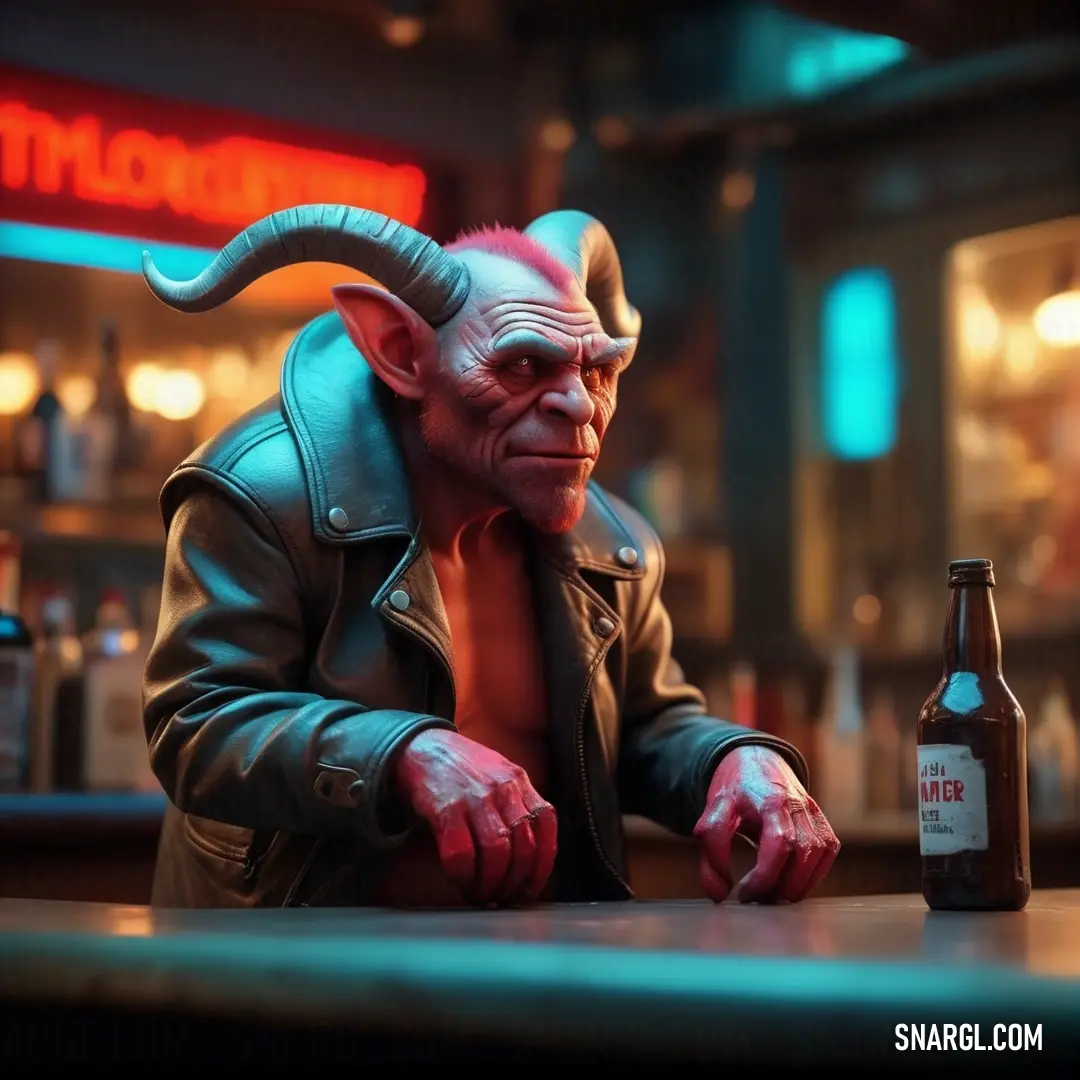 A rugged man with impressive horns enjoys a moment of relaxation at a stylish bar, with a cold beer bottle resting in front of him. The electric cyan backdrop complements the scene, creating an inviting and lively atmosphere perfect for unwinding.