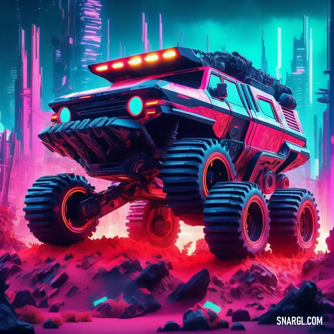 A powerful monster truck navigates through a dazzling futuristic city, its neon-lit body reflecting vibrant colors, while a pulsating red light atop it enhances the electrifying atmosphere surrounding it.