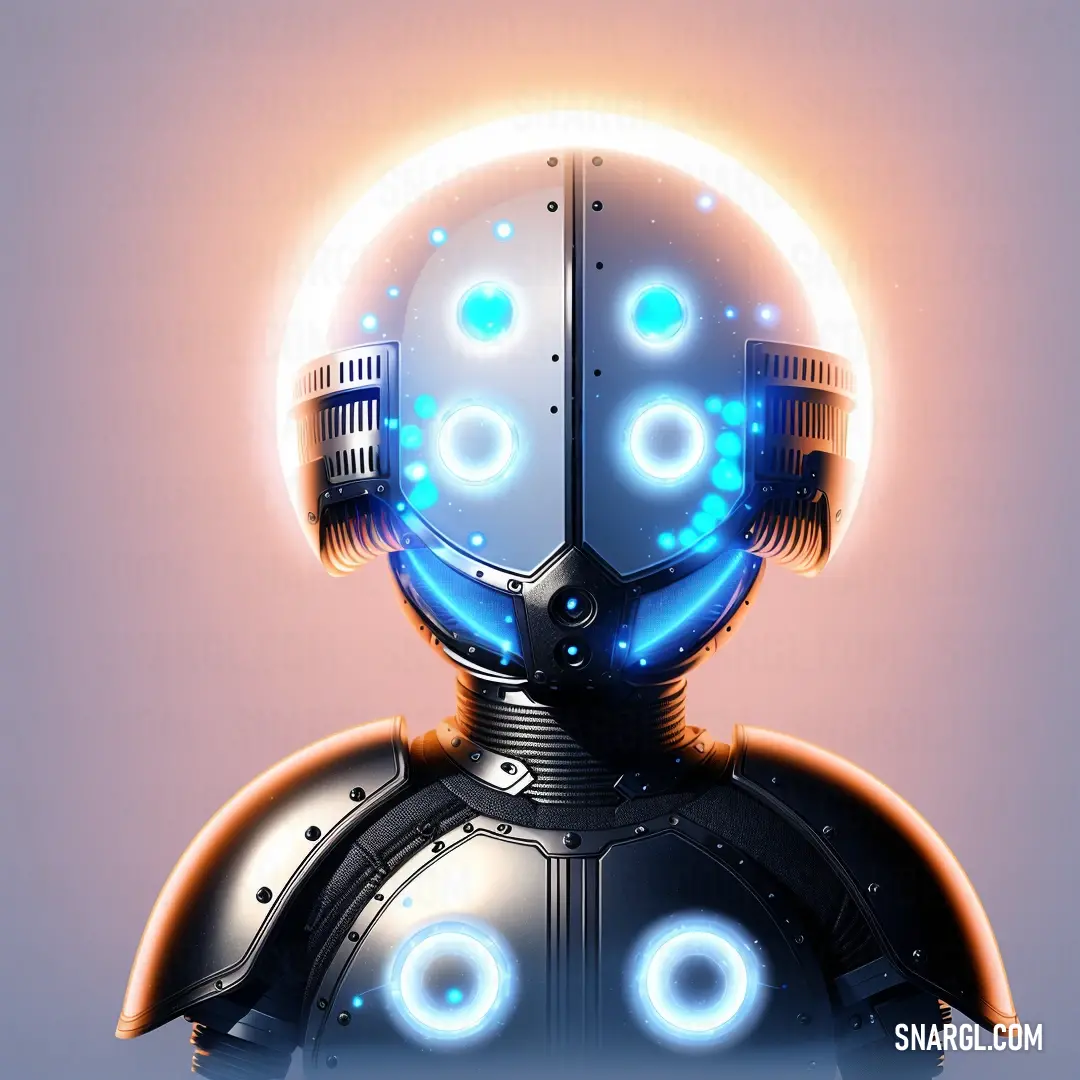 A robotic figure with a glowing orb on its head is set against a vivid purple background. Its blue aura and futuristic design create a sense of mystery and intrigue as it appears to be ready for action in a high-tech world.