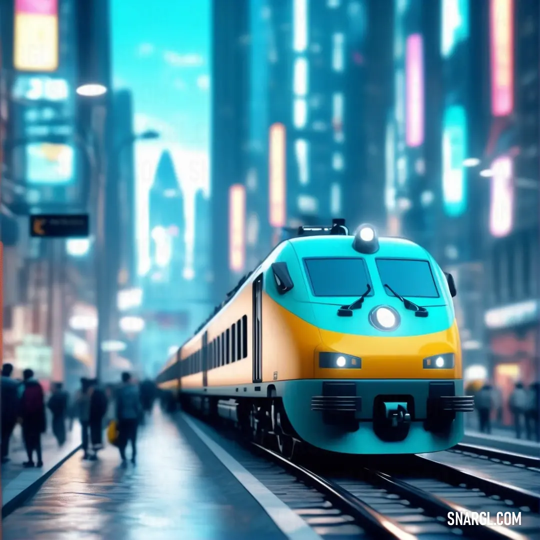 A train navigates the bustling city streets at night, illuminating the surroundings with its bright lights and creating a vibrant atmosphere. People stroll on the sidewalk, absorbed in their evening activities, all while the backdrop pulsates with life an