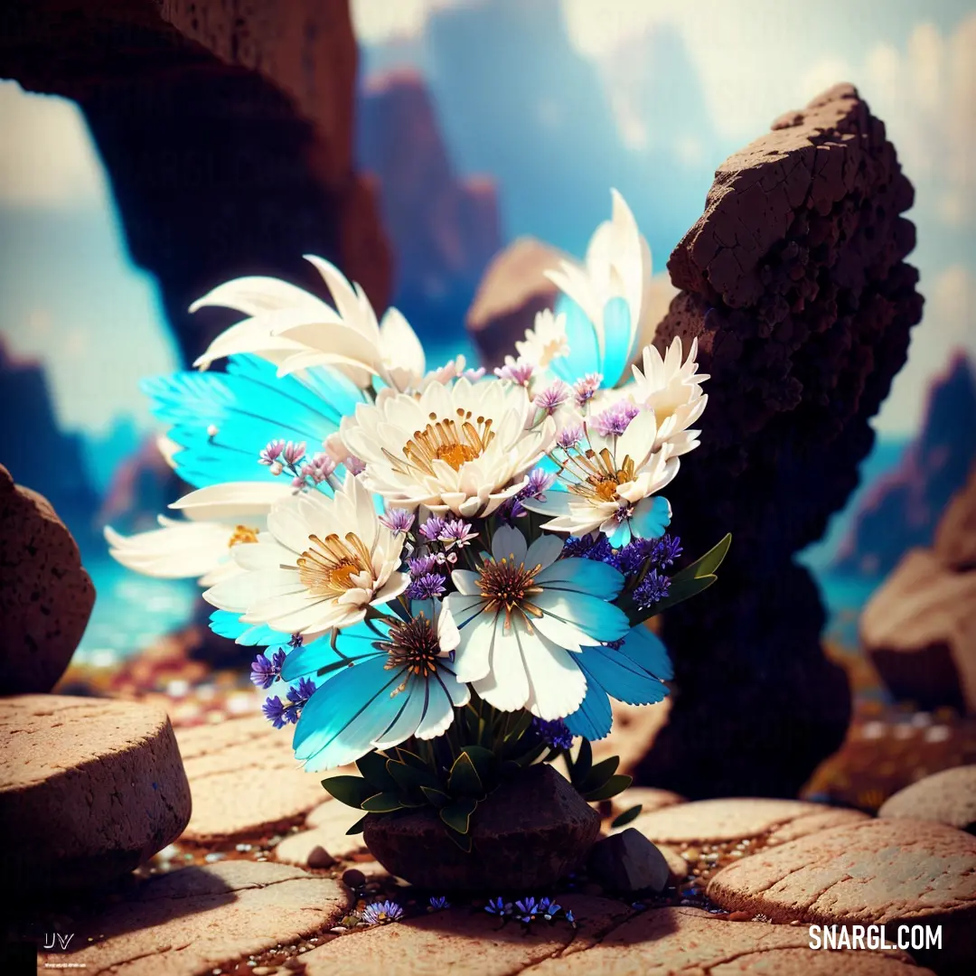 A beautiful vase filled with delicate white and blue flowers sits on a stone surface, accompanied by rugged rocks and a striking rock arch in the background, bathed in soft natural light.