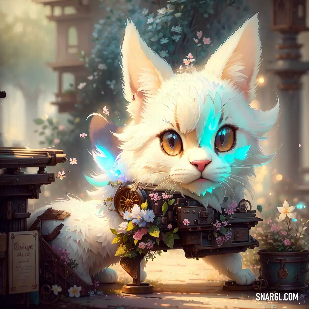 A white cat with bright blue eyes sits on a table adorned with flowers, a clock in the background adding a sense of time. The cool electric cyan hue accentuates the serene and delicate atmosphere around the cat.