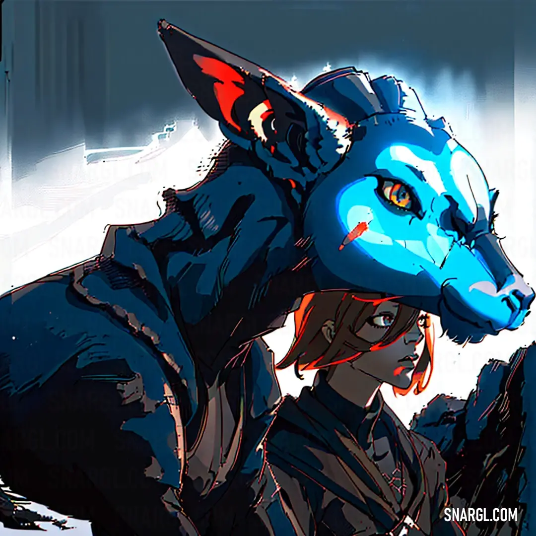 A mysterious woman dons a wolf mask, exuding an aura of intrigue, while a man in a sleek black jacket stands protective behind her. The striking contrast of their outfits against the backdrop amplifies the enigmatic atmosphere, highlighted by the bold CMY