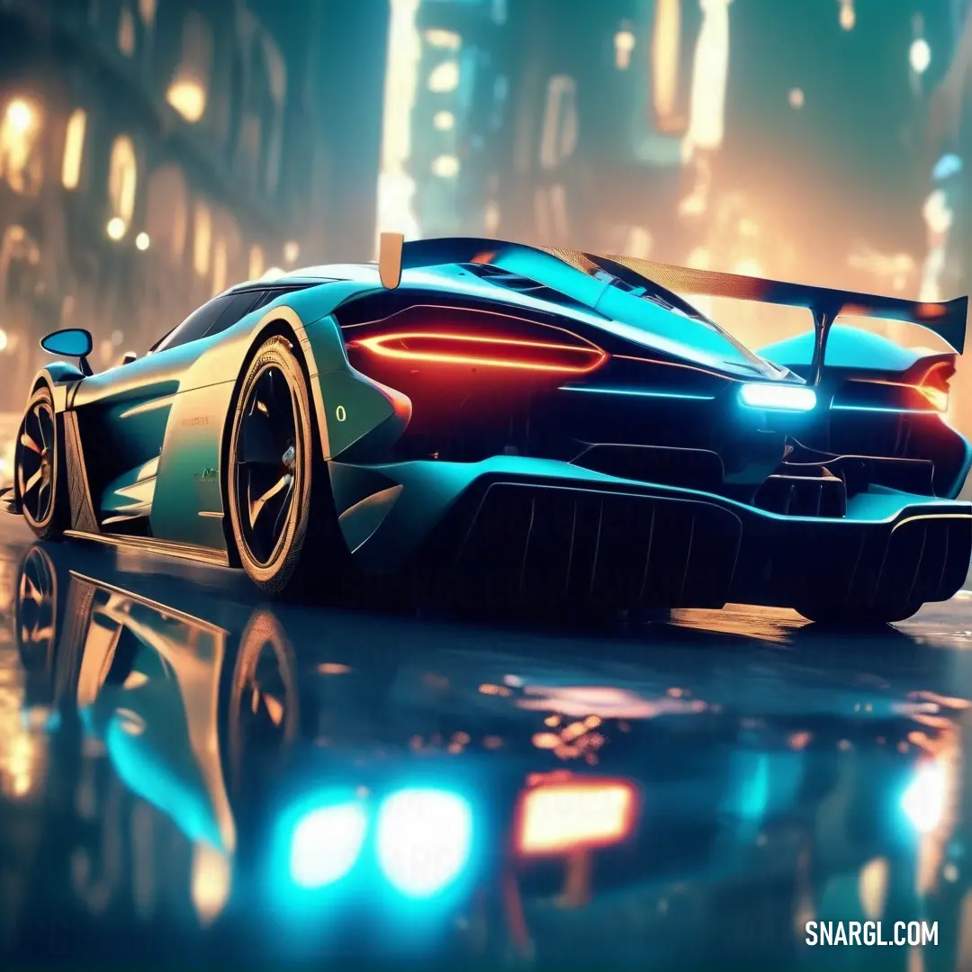 An advanced futuristic car glides through a bustling city at night, showcasing a radiant electric cyan hue. The vivid cityscape twinkles with headlights and vibrant city lights.