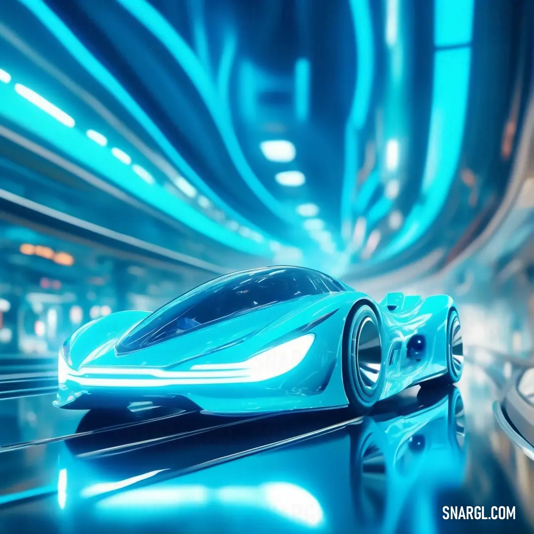 In a blue-hued tunnel, a futuristic car with electric cyan accents captures attention, reflecting off the polished floor beneath. The atmosphere pulses with a dynamic, high-tech ambiance.